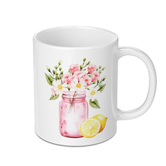 Lemon Flower Mug, Watercolor Floral, Summer Mug, Pink Mason Jar, Drinkware Mug, Cute Mug, Gift Mug - Tawshia