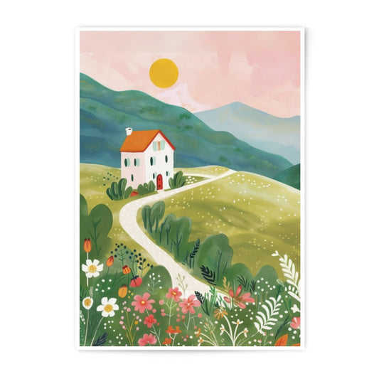 Country Home Photographic Print, Landscape Art, Flower Field Print, Nature Wall Decor, Cottagecore Aesthetic, Mountain Artwork - Tawshia