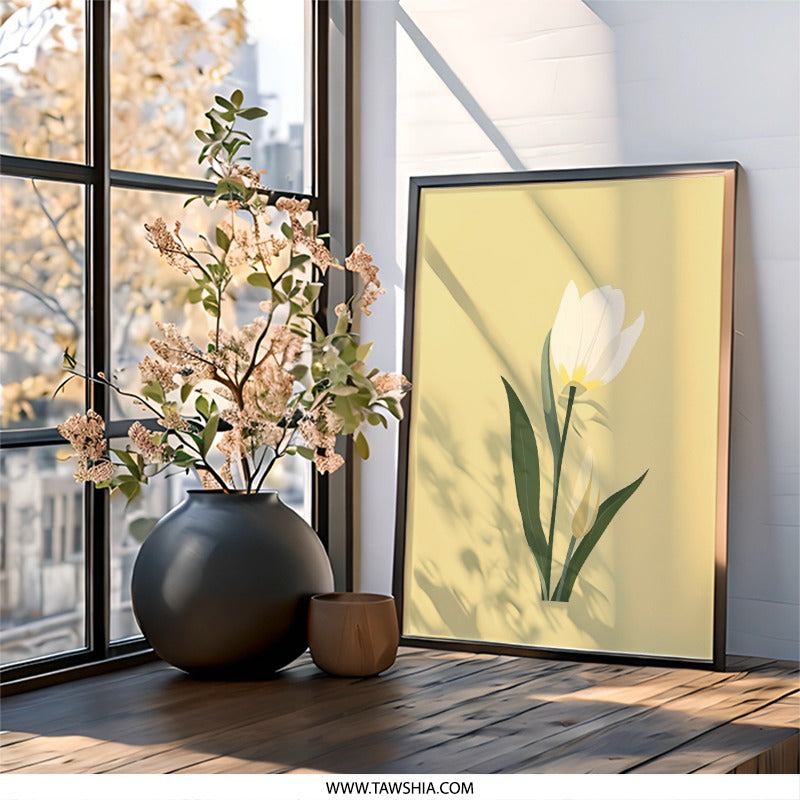 Minimalist Tulip Flower Wall Art, Floral Home Decor, Modern Plant Print, Botanical Artwork, Cream Tulip Illustration - Tawshia