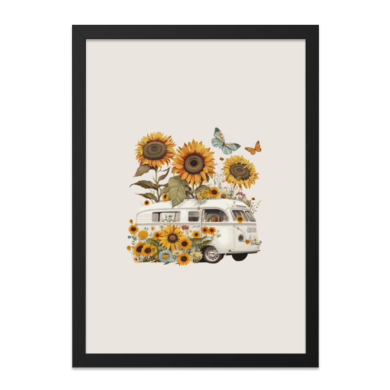 Sunflower Camper Wall Art, Bohemian Home Decor, Butterflies and Van, Floral Print, Nature Artwork, Summer Vibes, Wall Decor, Gift Idea - Tawshia