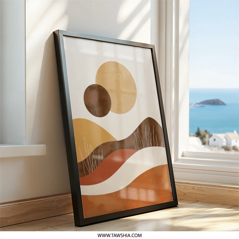 Boho Landscape Wall Art, Abstract Mountain Print, Minimalist Sun Art, Geometric Shapes Art Print, Modern Home Decor, Earth Tone Art - Tawshia