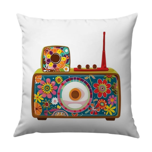 Retro Radio Pillow, Floral Radio Design, Colorful Home Decor, Vintage Radio Art Pillow, Unique Gift Idea, Flower Power Pillow - Tawshia