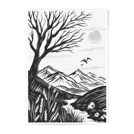 Black White Landscape Photographic Print, Mountain Tree Bird Wall Art, Minimalist Nature Photography, Modern Home Decor, Fine Art Print - Tawshia