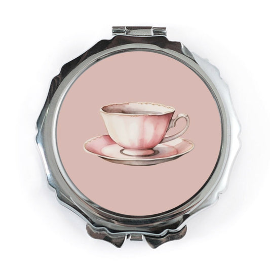 Pink Teacup Pocket Mirror, Cute Makeup Mirror, Watercolor Tea, Gift for Tea Lover, Compact Mirror for Purse, Travel Mirror, Unique Mirror - Tawshia