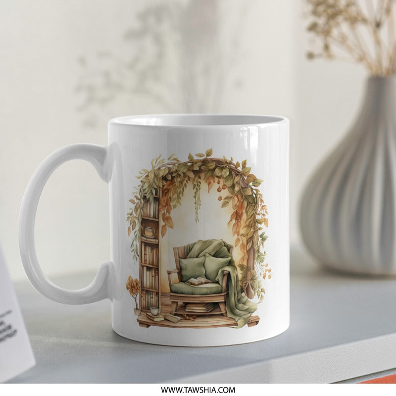 Cozy Reading Nook Mug, Book Lover Gift, Autumn Leaves Coffee Mug, Literary Mug, Home Decor Mug, Gift for Reader, Relaxing Mug, Bookworm Mug - Tawshia