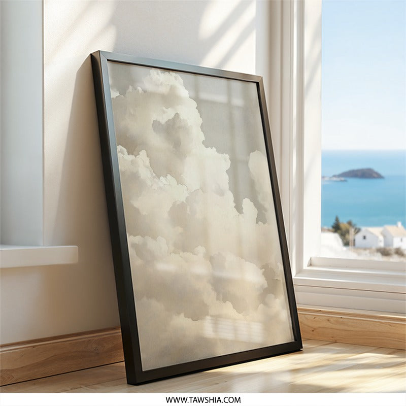 Cloudscape Wall Art, Celestial Art Print, Neutral Toned Cloud Artwork, Dreamy Sky Art, Atmospheric Cloud Painting, Serene Wall Decor - Tawshia