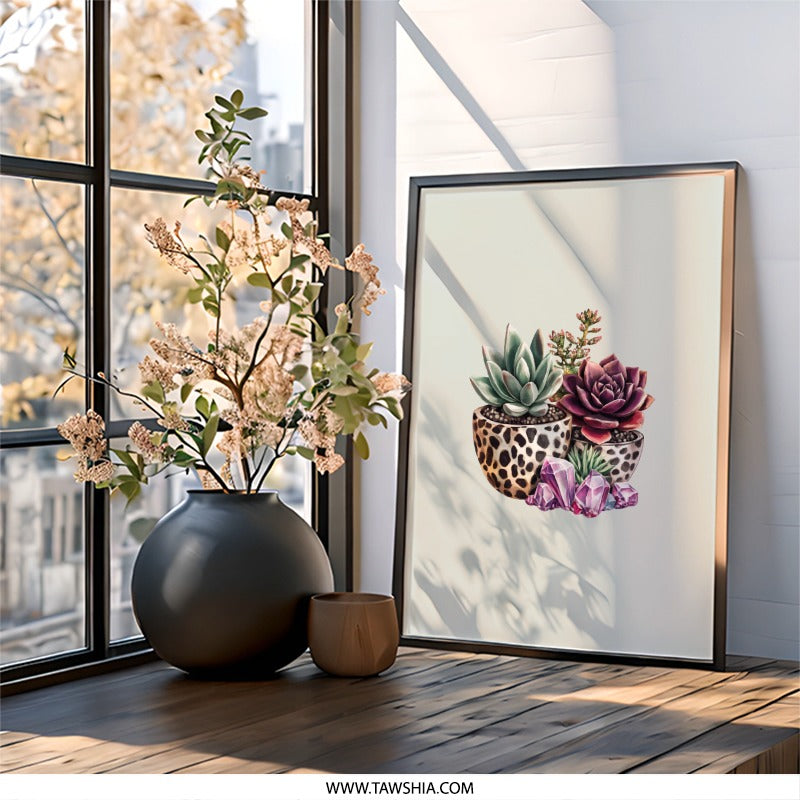 Succulent and Crystal Wall Art, Botanical Print, Modern Home Decor, Plant Lover Gift, Framed Wall Decor, Trendy Art - Tawshia