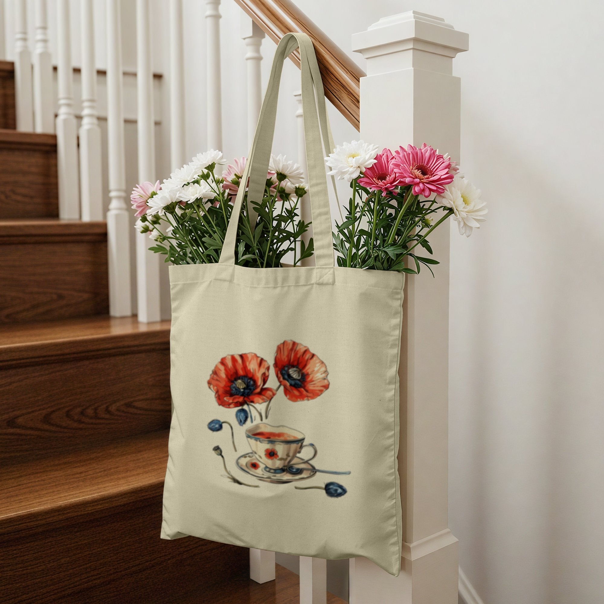 Floral Teacup Design Tote Bag With Handles product