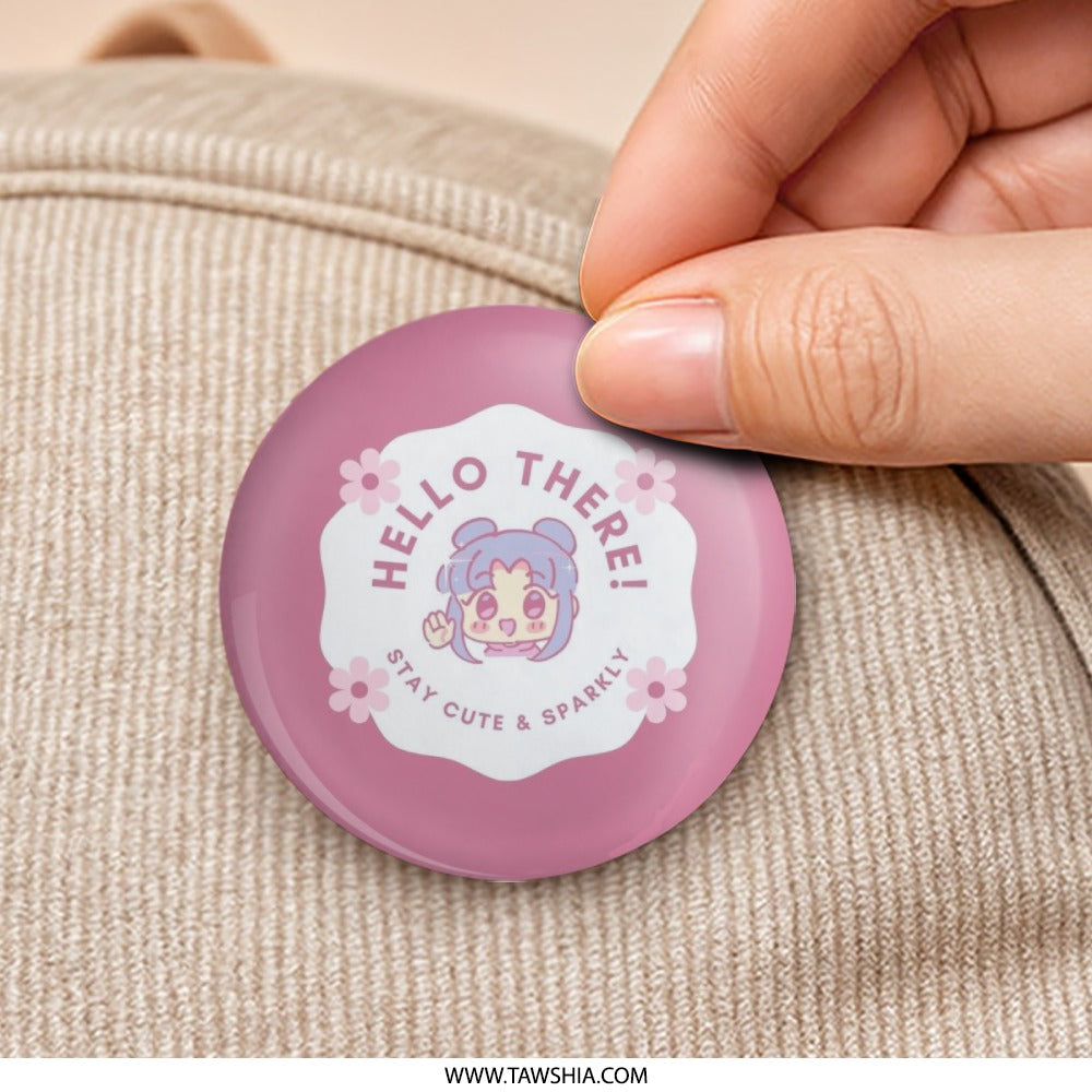 Hello There Pinback Button, Cute Anime Button, Sparkly Pinback Button, Floral Pinback Button, Kawaii Pinback Button - Tawshia