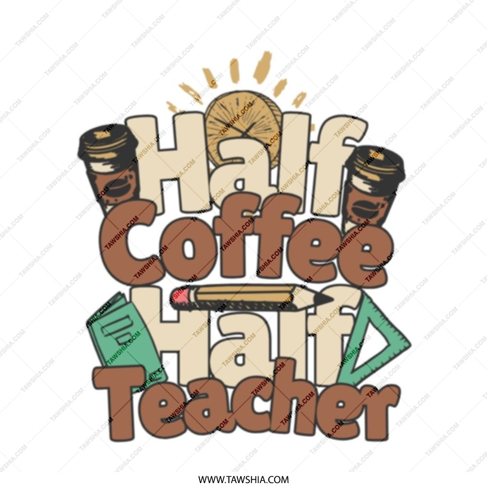 Half Coffee Half Teacher Tote Bag, Teacher Gift Tote, Funny Teacher Tote, Book Coffee Pencil Design Tote Bag, Teacher Appreciation Gift - Tawshia