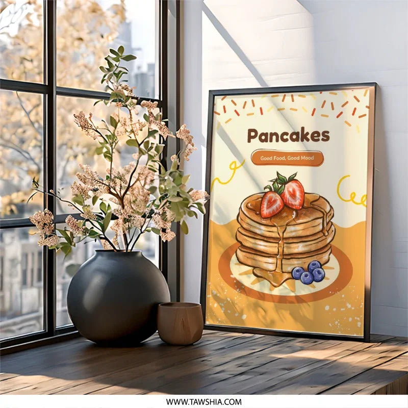 Pancakes Wall Art, Food Illustration Print, Breakfast Decor, Kitchen Wall Art, Good Food Good Mood, Cute Art Print, Pancakes Art - Tawshia