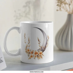Crescent Moon Floral Mug, Celestial Coffee Mug, Unique Tea Cup, Witchy Decor Mug, Floral Design Mug, Spiritual Gift Mug, Nature Inspired Mug - Tawshia