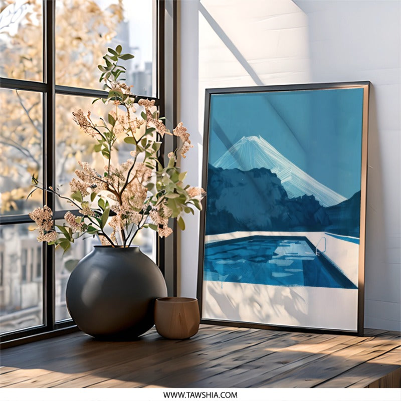 Blue Mountain Pool Wall Art, Minimalist Landscape Print, Modern Home Decor, Serene Wall Hanging, Calming Artwork, Unique Gift Idea - Tawshia