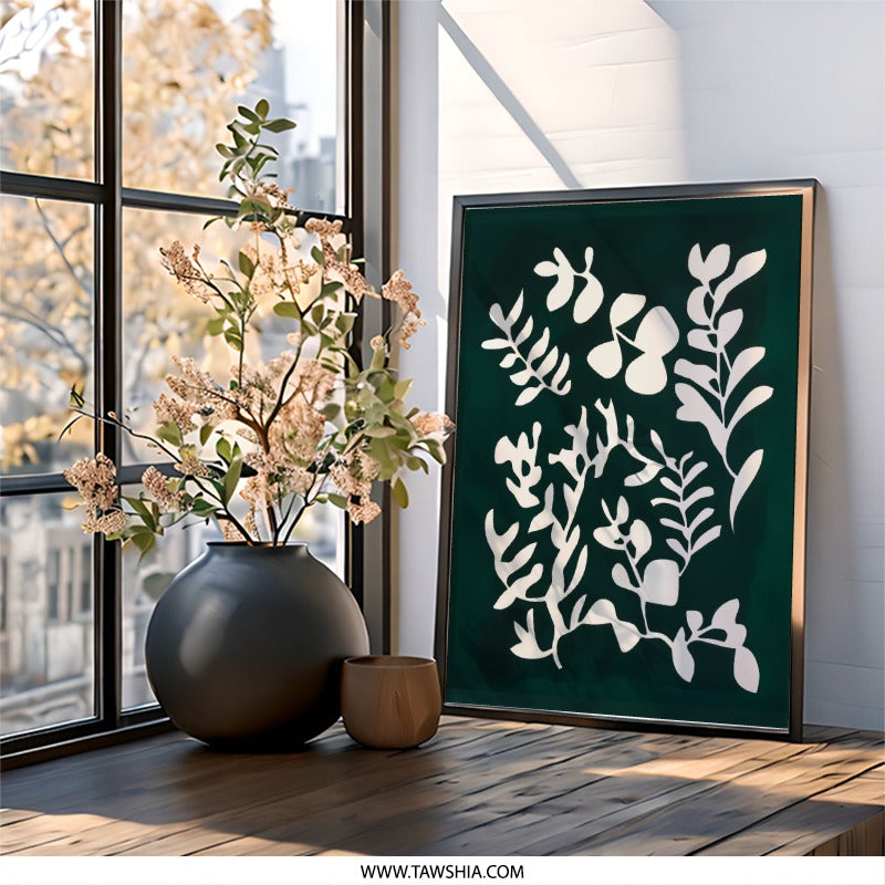 Abstract Botanical Wall Art, Modern Leaf Print, Green and White Art, Minimalist Home Decor, Nature Inspired Artwork - Tawshia