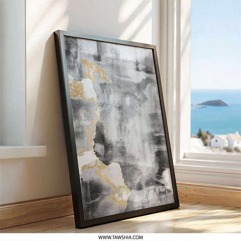 Abstract Gold Wall Art, Gray Painting Print, Modern Home Decor, Minimalist Art, Contemporary Wall Art, Elegant Artwork, Framed Wall Art - Tawshia