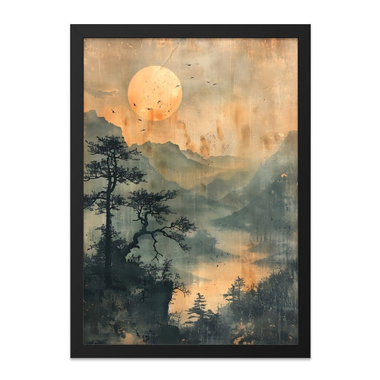 Japanese Landscape Wall Art, Vintage Mountain Scenery Print, Zen Wall Decor, Full Moon Poster, Oriental Fine Art, Asian Painting - Tawshia