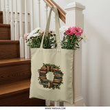 Book Wreath Tote Bag, Literary Gift, Book Lover Bag, Library Bag, Teacher Gift, Reading Bag, Unique Tote, Bookworm Tote, Gift for Reader - Tawshia