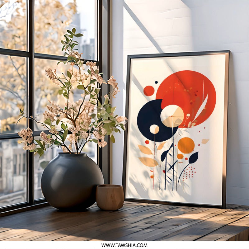 Abstract Floral Wall Art, Modern Geometric Print, Contemporary Art Decor, Red and Blue Botanical Wall Decor, Minimalist Flower Art Print - Tawshia