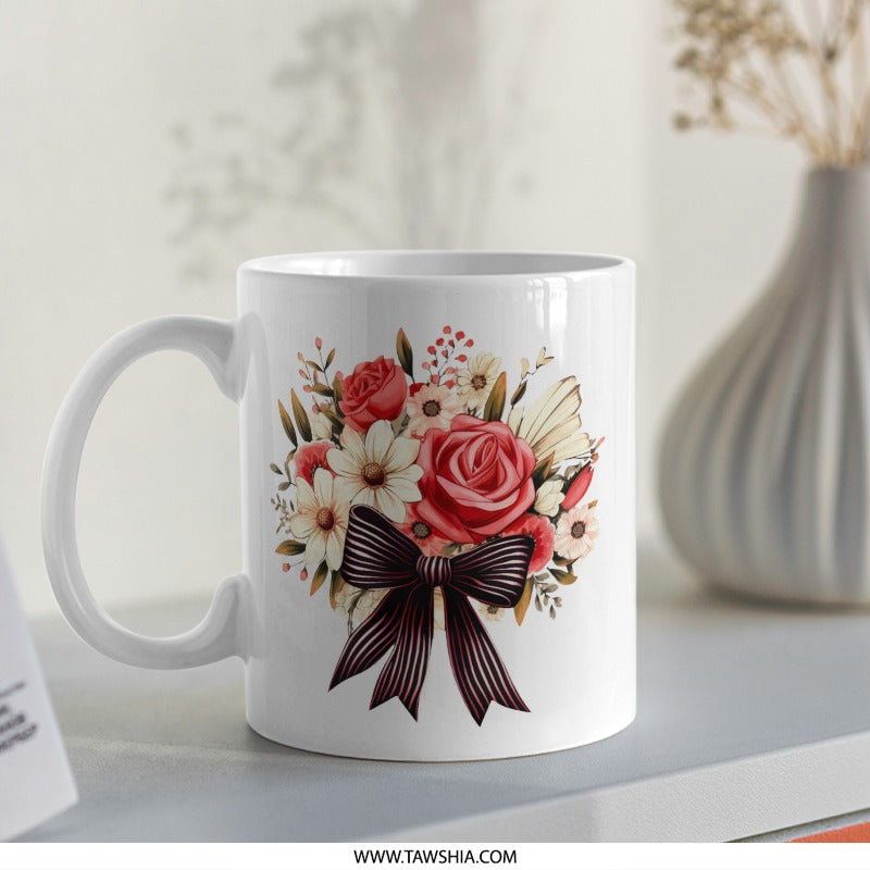 Floral Bouquet Mug, Red Rose Mug, Flower Mug, Elegant Mug, Bow Mug, Gift Mug, Decorative Mug, Coffee Mug, Tea Mug, Unique Mug - Tawshia
