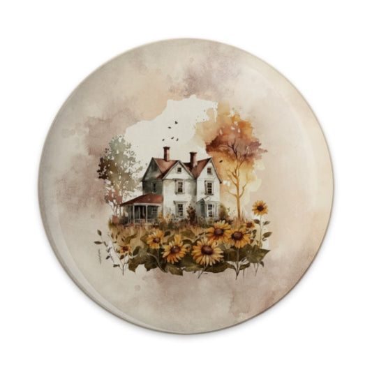 Watercolor Farmhouse Pinback, Sunflower Field, Country Home Badge, Autumn Decor, Fall Aesthetic, Cottagecore Style, Scenic Landscape - Tawshia