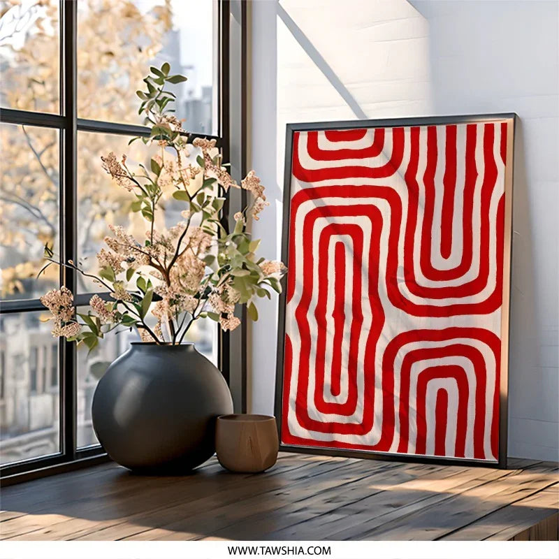 Red and White Pattern Wall Art, Abstract Home Decor, Geometric Artwork, Modern Print, Unique Wall Hanging, Bold Design, Contemporary Gift - Tawshia