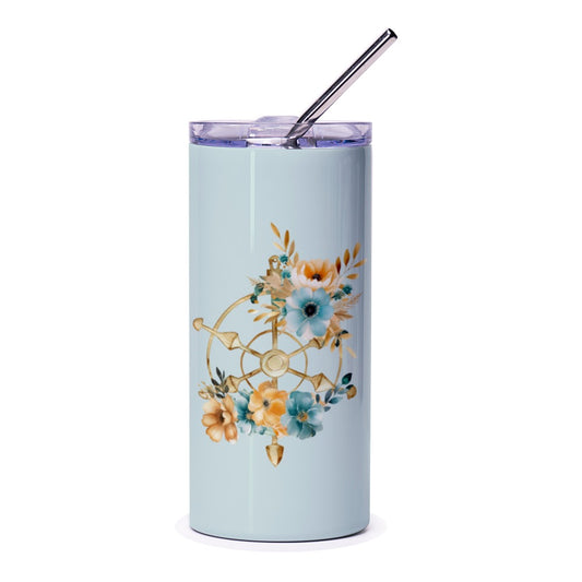 Floral Ship Wheel Tumbler, Nautical Flowers Tumbler, Ocean Lover Gift, Boho Tumbler, Personalized Tumbler, Custom Tumbler, Gift for Her - Tawshia