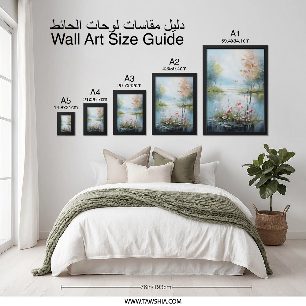 Floral Lake Wall Art, Serene Landscape Painting Print, Peaceful Nature Artwork, Riverbank Blossoms Decor, Calming Home Wall Decor - Tawshia