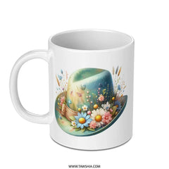 Floral Hat Art Mug, Unique Botanical Gift, Butterfly Garden Coffee Cup, Spring Design Drinkware, Whimsical Tea Mug, Artistic Ceramic Mug - Tawshia