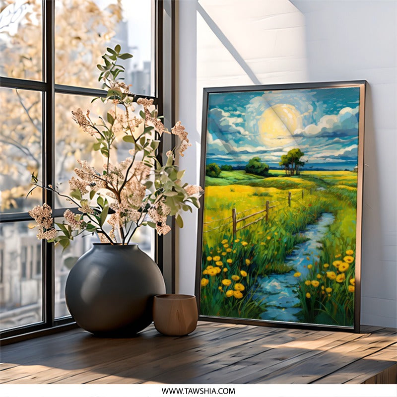 Yellow Meadow Wall Art, Sunny Landscape Decor, Floral Field Art, Vibrant Flower Print, Summer Meadow Painting, Countryside Scene Artwork - Tawshia