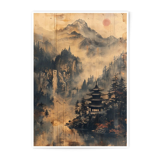 Asian Landscape Photographic Print, Temple Art, Misty Mountain Scenery, Japanese Inspired Wall Decor, Oriental Art Print, Home Decor - Tawshia