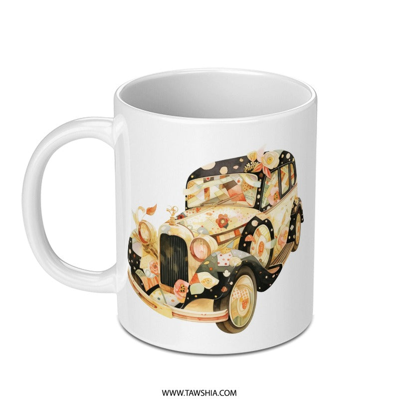Vintage Car Mug, Classic Auto, Antique Vehicle, Flower Power, Retro Automotive, Art Deco, Gift for Car Lovers, Coffee Mug, Tea Mug - Tawshia