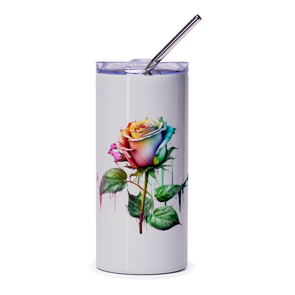 Rainbow Rose Tumbler, Watercolor Flower Cup, Floral Travel Mug, Unique Gift Idea, Colorful Rose Design Tumbler - Tawshia