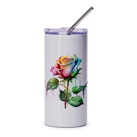 Rainbow Rose Tumbler, Watercolor Flower Cup, Floral Travel Mug, Unique Gift Idea, Colorful Rose Design Tumbler - Tawshia