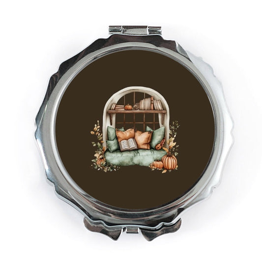 Autumn Window Seat Pocket Mirror, Book Lover Gift, Fall Decor, Cozy Reading Nook, Pumpkins Pocket Mirror, Aesthetic Mirror - Tawshia