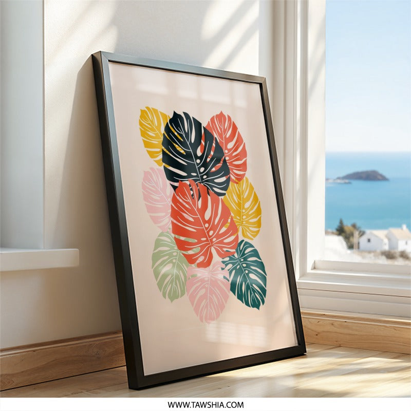 Monstera Leaf Wall Art, Tropical Leaves Print, Colorful Botanical Decor, Modern Home Art, Framed Art Print - Tawshia