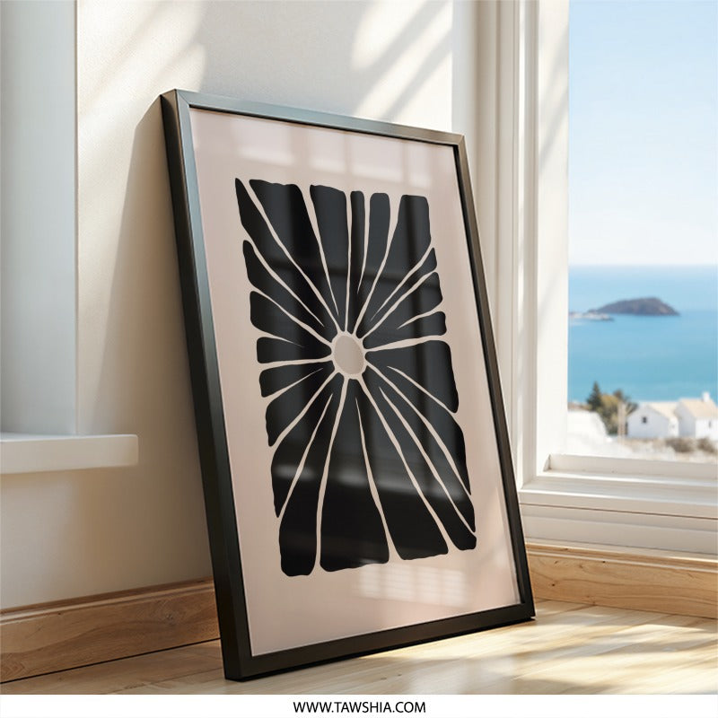 Abstract Sun Wall Art, Black and Beige Print, Modern Minimalist Home Decor, Geometric Flower Artwork, Trendy Wall Hanging - Tawshia