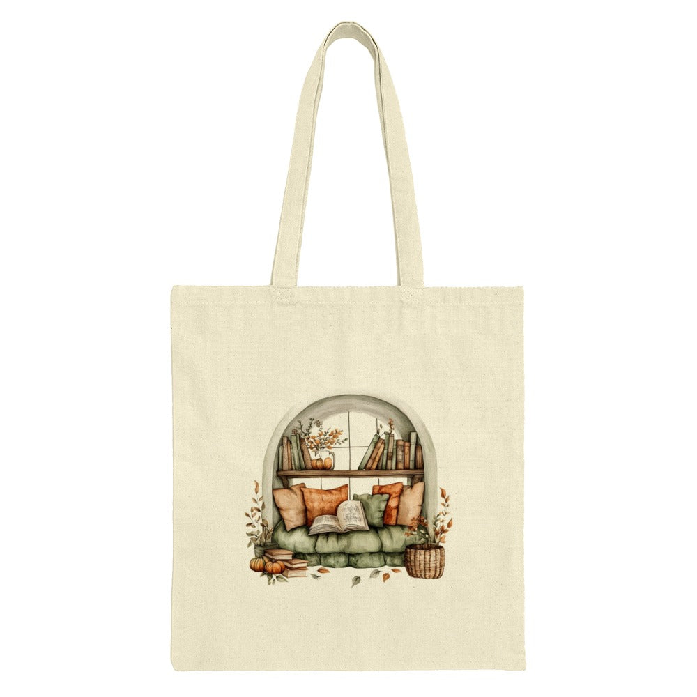 Bookshelf Tote Bag, Reading Nook, Cozy Tote, Book Lover Gift, Fall Decor, Autumn Tote, Window Seat, Home Decor Bag, Literary Gift - Tawshia