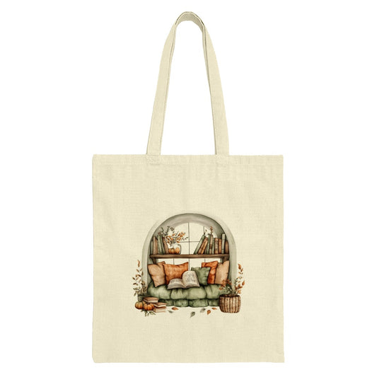 Bookshelf Tote Bag, Reading Nook, Cozy Tote, Book Lover Gift, Fall Decor, Autumn Tote, Window Seat, Home Decor Bag, Literary Gift - Tawshia