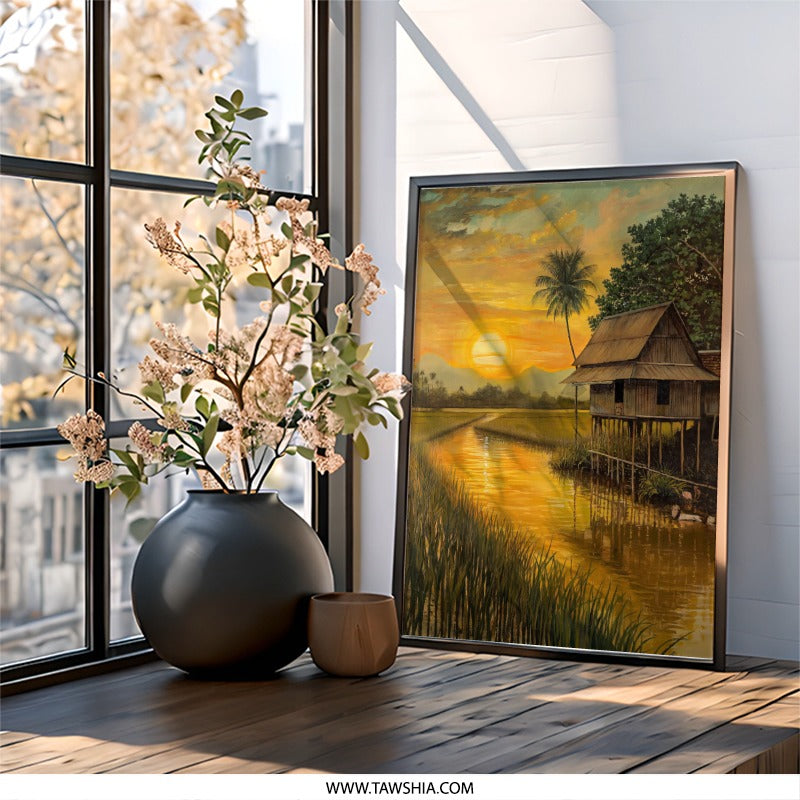 Golden Sunset Wall Art, Tropical House Painting, Rice Field Scenery, Peaceful Landscape Print, Nature Home Decor, Asian Art Print - Tawshia