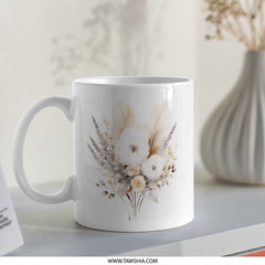 Floral Bouquet Mug, Bohemian Feather Mug, Coffee Mug Gift, Boho Chic Decor, Unique Mug, Stylish Mug, Birthday Gift, Housewarming Gift - Tawshia