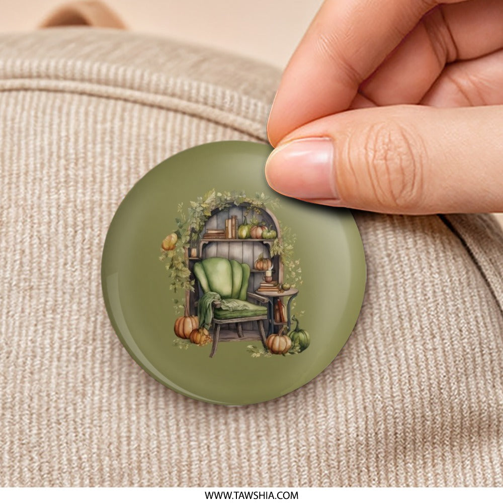Autumn Reading Nook Pinback Button, Fall Decor Gift, Cozy Chair Badge, Pumpkin Lover Pin, Bookish Accessory, Thanksgiving Style Button - Tawshia