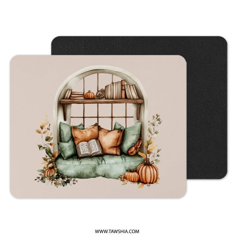 Cozy Reading Nook Mouse Pad, Pumpkin Fall Autumn Season Mousepad, Book Lover Gift, Watercolor Window Seat Desk Accessories - Tawshia