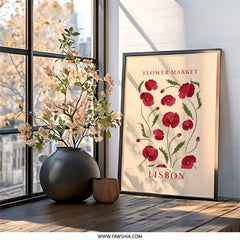 Flower Market Lisbon Wall Art, Poppy Flower Print, Floral Home Decor, Botanical Art, Lisbon Decor, Red Flowers Wall Decor - Tawshia