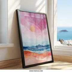 Watercolor Sunset Wall Art, Coastal Scenery Print, Abstract Ocean Landscape, Dreamy Pink Sky Painting, Modern Home Decor, Nature Inspired - Tawshia