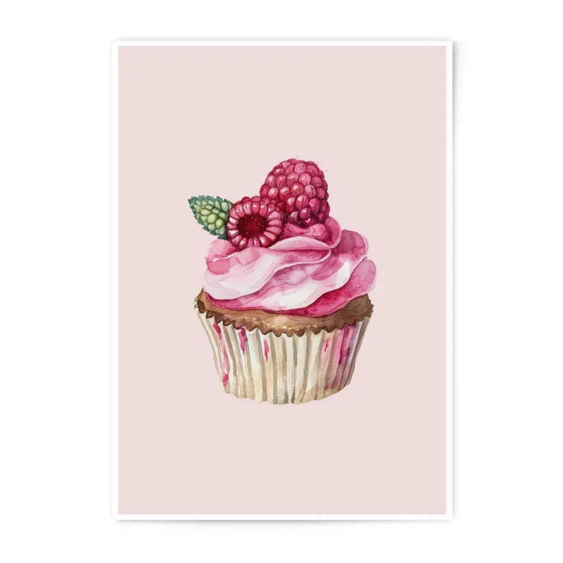 Watercolor Cupcake Photographic Prints, Dessert Food Art, Raspberry Cupcake Wall Decor, Kitchen Art Prints, Pink Cupcake Art - Tawshia