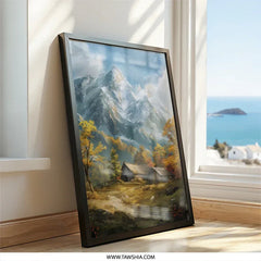 Mountain Cabin Wall Art, Autumn Scenery Print, Landscape Painting, Rustic Home Decor, Nature Art Print, Peaceful Retreat Wall Hanging - Tawshia