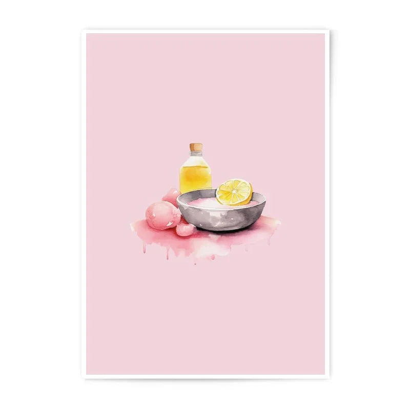 Watercolor Spa Still Life Photographic Prints, Lemon Oil and Bath Bombs, Relaxing Bathroom Wall Decor, Spa Art Print - Tawshia