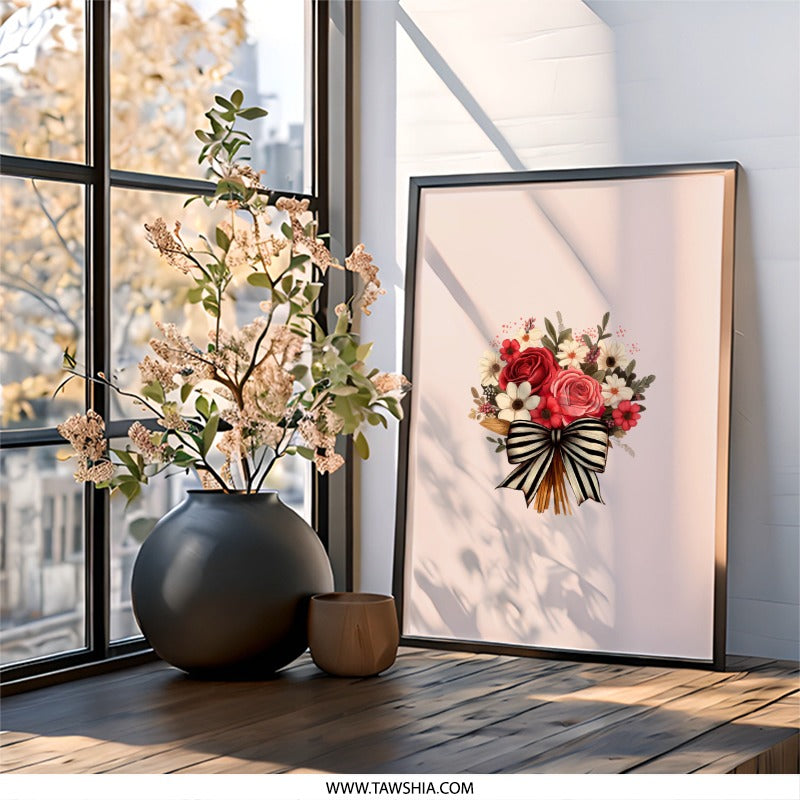 Floral Bouquet Wall Art, Roses and Daisies Print, Elegant Ribbon Decor, Feminine Art Print, Botanical Home Decor - Tawshia