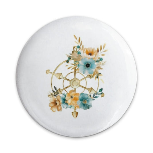 Nautical Floral Pinback Button, Ship Wheel Flowers, Ocean Theme Button, Coastal Decor, Beach Lover Gift, Unique Pin, Elegant Accessory - Tawshia