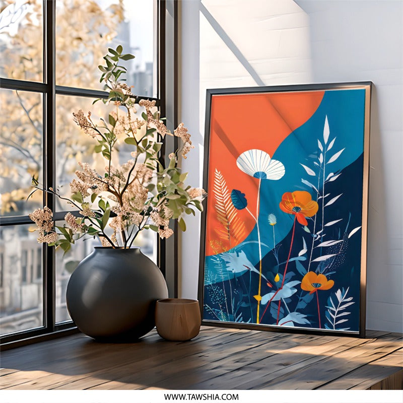 Abstract Floral Wall Art, Modern Botanical Print, Orange and Blue Flower Artwork, Contemporary Home Decor, Nature Inspired Art - Tawshia